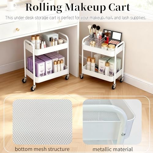 2 Tier Short Rolling Cart with Wheels for Under Desk Storage & Pantry Storage, Large Capacity Metal Kitchen Utility Cart for Small Space, Laundry Room Organizer Side Table with 4 Hooks, White - Image 4