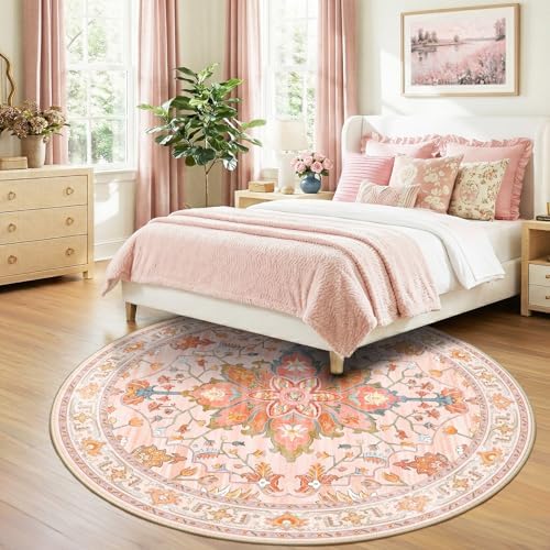 RELEANY Washable Area Rug, Round 8ft, Pink/Light Pink/Colorful - Image 3