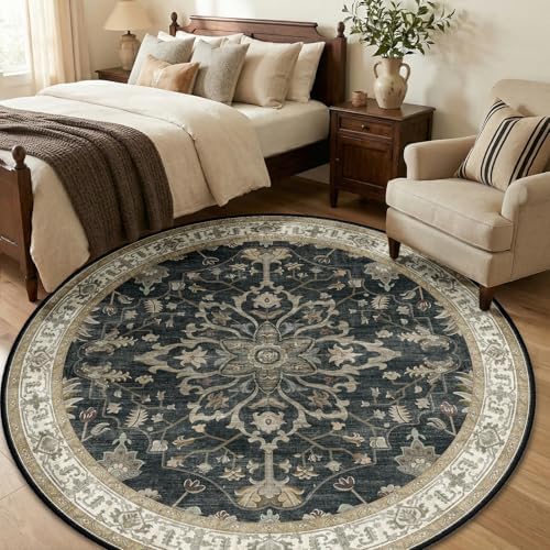 RELEANY Washable Area Rug, Round 6ft, Black/Vintage/Beige - Image 2