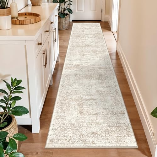 Runner Rug 2x10 Washable Non-Slip Hallway: Vintage Boho Carpet with Rubber Backing for Kitchen Entryway Hall Holiday Farmhouse Neutral Cream Long Runners (Cream/Beige,2'x10') by BYYVOORugsforYourHome