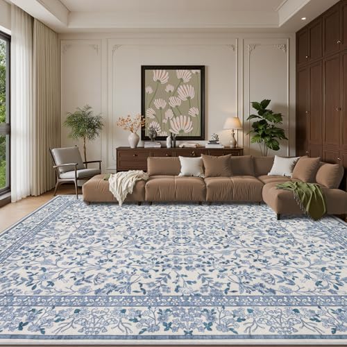 8x10 Area Rug Living Room: Soft Floral Washable Boho Carpet Blue - Image 2