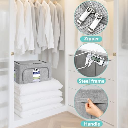 3 Pack Clothes Storage Bins, Foldable Metal Frame Storage Box with Lids,Stackable Linen Fabric Organizer Set with Carrying Handles,Zippers,and Clear Window (Grey, 24L) - Image 4