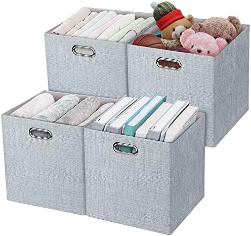 Posprica 3X Thicker Fabric Storage Cubes 13 inch Collapsible Storage Bins for Organization, Cubby Storage Baskets for Organizing Shelf Cabinet Bookcase Boxes, Set of 4, Silver Grey by Posprica