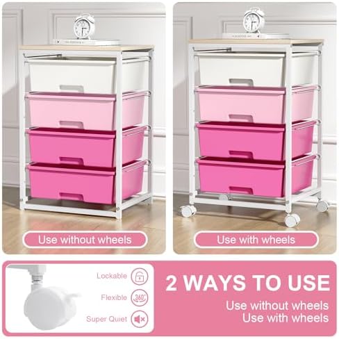 SYKIARIOL Rolling Cart with Drawers, 4-Drawer Utility Cart, Pink - Image 6