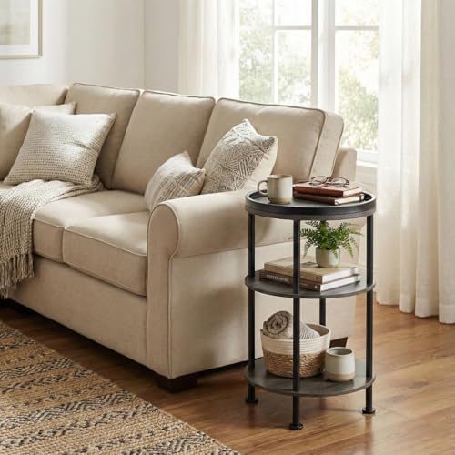 Small Round Side Table, Rustic Grey End Table with Tray Top, 3-Tier Greige Nightstand for Living Room & Bedroom, 11.8" Narrow Corner Table, 21.7" H Industrial Accent Furniture for Small Spaces, Grey - Image 4