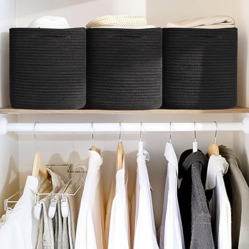 11x11x11 Cube Storage Bin - 3 Pack Woven Storage Cubes Organizer, 11 Inch Black Cotton Rope Baskets for Organizing, Square Baskets for Shelves, Nursery Closet Bins, Cubby Toy Box Organizer - Image 4