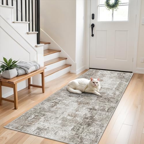 Washable Non Slip Runner Rug 3x8 – Hallway Runner Rug & Kitchen Carpet Runner – Modern Abstract Neutral Low Pile Area Rug for Entryway Bathroom Bedroom (Beige Grey) by ZHXXUJ