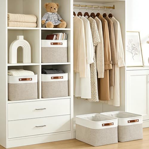Bagnizer Storage Bins Large Fabric Storage Baskets for Shelves 3 Pack, Decorative Linen Closet Baskets with Handles for Organizing, Shelf, Clothes, Home, Office, 15x11x9.5Inches (Beige&White) - Image 2
