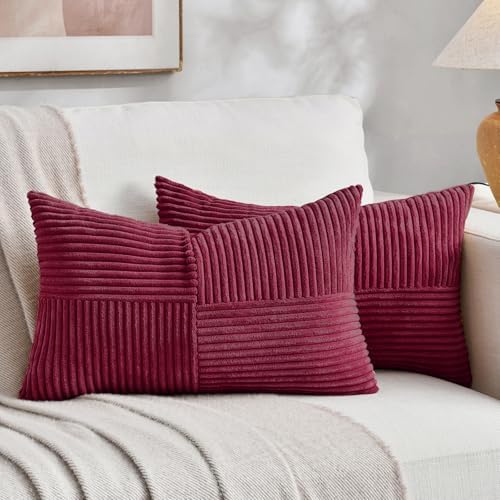 Fancy Homi 2 Packs Burgundy Lumbar Decorative Throw Pillow Covers 12x20 Inch for Living Room Couch Bed, Christmas Boho Home Decor, Soft Striped Corduroy Rectangle Accent Cushion Case 30x50 cm by Fancy+Homi