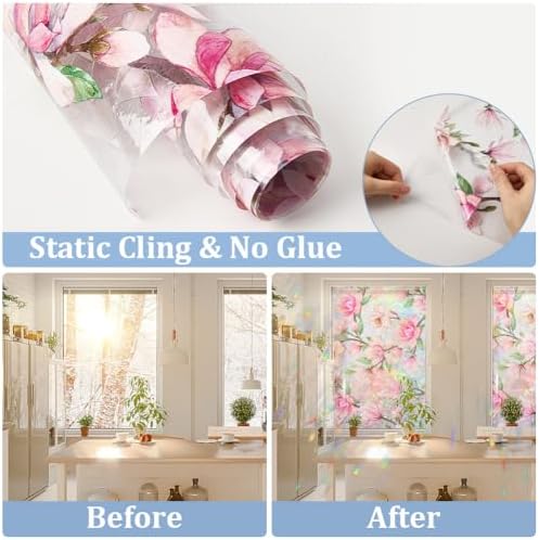 GORGECRAFT 39.4x17 Inch Rainbow Window Privacy Film Stained Window Glass Decorative 3D Static UV Resistant Cling Pink Flower UV Reflective Window Cover Non-Adhesive Sun Blocking Window Decals for Room - Image 5