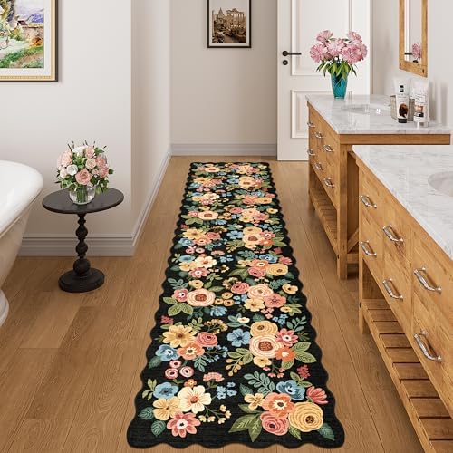 DUKINO 2x8 Washable Runner Rug, Floral Non Slip Kitchen Runner Rug, Black - Image 3