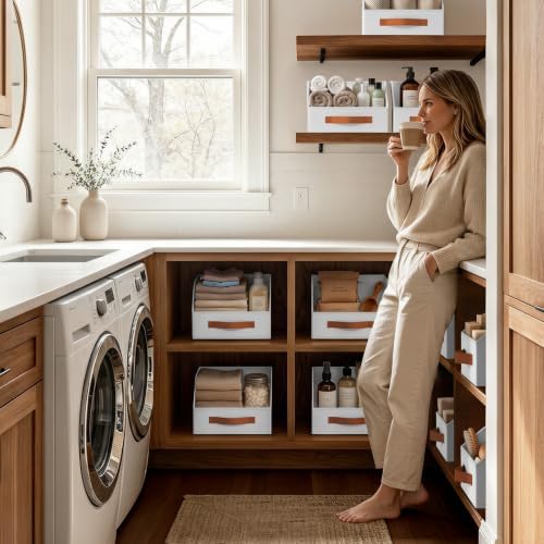 Homsorout Fabric Storage Bins for Organizing - 8 Pack Large Trapezoid Collapsible Storage Bins with Front Handle, Closet Organizers and Storage for Bedroom, Home Shelves, Small Spaces, White - Image 5