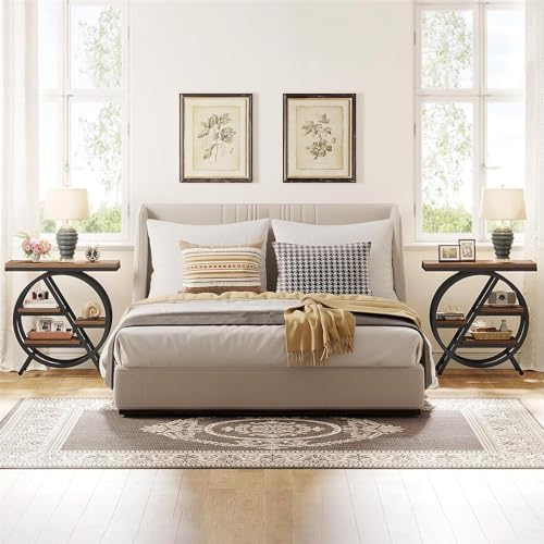 Tribesigns End Table Set of 2, 3-Tier Narrow Sofa Side Table with Storage for Living Room, Wood End Table with Geometric Metal Frame, Industrial Nightstand and Bedside Table for Bedroom, Rustic Brown - Image 4