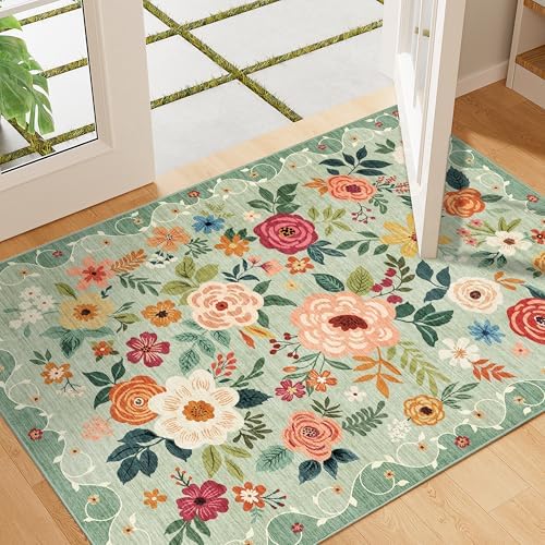 DUKINO 2x3 Rug, Floral Washable Rug for Entryway Non Slip Door Mat, Green - Image 4