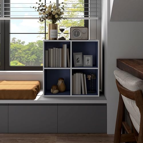 Homes: Inside + Out Apexa 4-Cube Storage Organizer Shelves, Stackable Wood Bookcase Fits Cubby Bins for Organization, Dorm Teen Room Decor & Home Office, Steel Blue - Image 2