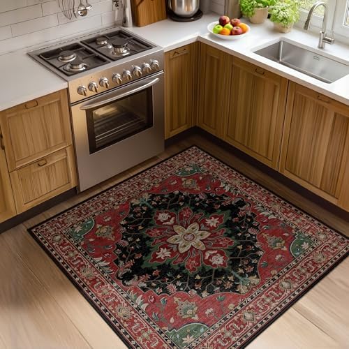 RELEANY Washable Area Rug, Square 4'x4', Red/Black by RELEANY