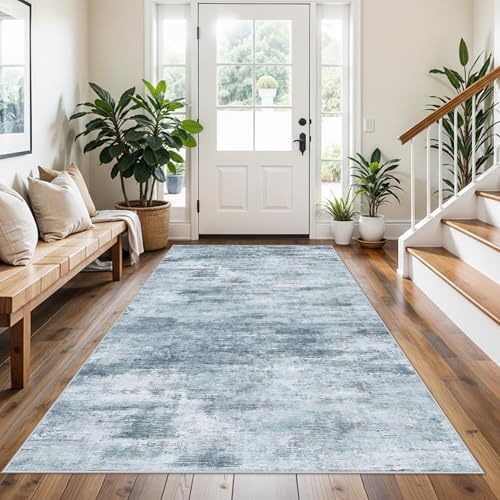 4x8 Washable Area Rug – Non-Slip Rubber Backed Indoor Rug for Entryway, Kitchen, Hallway | Modern Abstract Neutral Low Pile Thin Floor Mat for Bedroom, Living Room, Office (Blue Grey) by ZHXXUJ