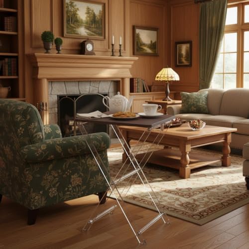 Folding TV Tray Table with Wooden Top, Acrylic Large Folding TV Tray Table Deep Walnut Foldable Small Desk Space-Saving Side Table for Living Room, Bedroom, Kitchen, Snack & Serving Table - Image 2