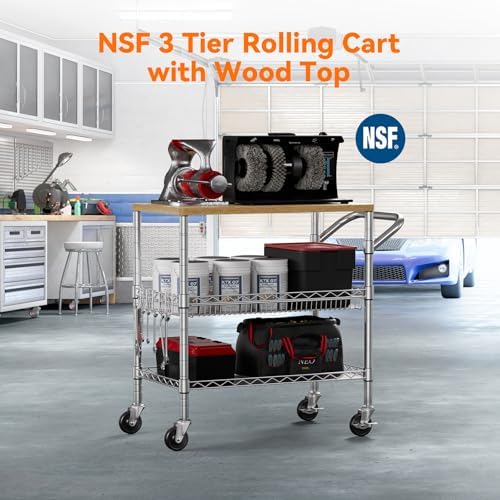 3 Tier Rolling Kitchen Carts on Wheels with Storage,650Lbs Heavy Duty Utility Carts with Wheels,Kitchen Island with Wood Tabletop,Metal Serving Rolling Cart for Small Appliance Food Cart,Wood+Metal - Image 6