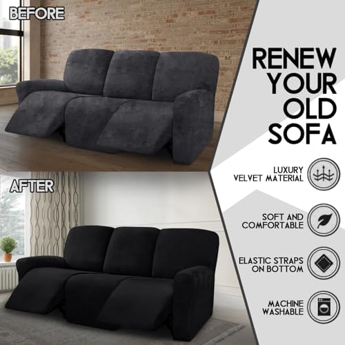 ULTICOR Velvet 8-Pieces Recliner Sofa Covers Stretch Reclining Couch Covers for 3 Cushion Reclining Sofa Slipcovers Furniture Covers Thick Soft Washable (3 Seater Recliner Cover, Black) - Image 5