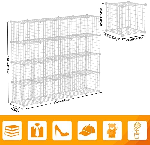 HUBSON Wire Cube Storage Organizer, Book/Toy/Craft/Potted Plants and petCloset Organizers and Storage Shelves, 20-Cube Freely Combinable Metal Grids Storage Shelf, White Iron - Image 3