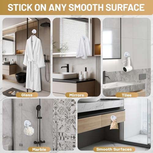 Suction Cup Hooks for Shower No-Drill Bathroom Hooks for Towels, Robes, Loofah Mountable on Bathroom Walls, Kitchen, Glass, Mirrors, Tile and Smooth,Non-Porous Surfaces (2, White) - Image 3