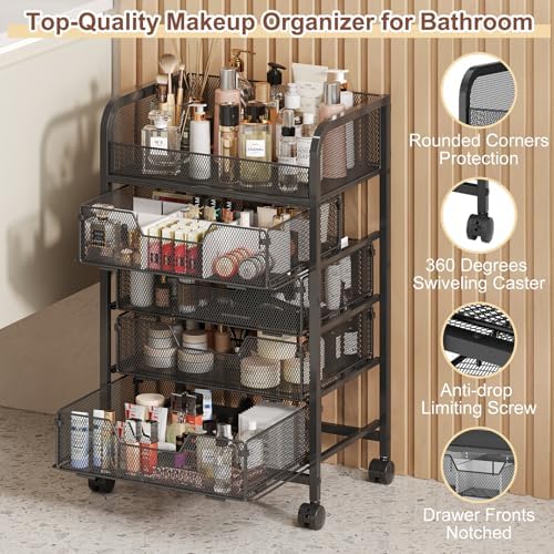 Hongtamoya Makeup Cart Organizer with 4 Drawers, Vanity Storage Organizer, Large Floor Skincare Organizers Cosmetics Display Cases for Skin Care Perfume Nail Polish, Black - Image 4