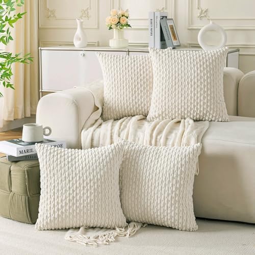 Set of 4 Cream White Decorative Throw Pillow Covers 16x16 Inch Corduroy Pillow Covers for Bed Couch Sofa Living Room Soft Square Cushion Cases by Cozoomy