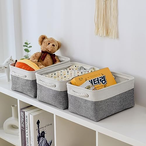 TheWarmHome Storage Bins for Shelves - 13.8L×9.8W×6.7H inch 3 Pack Medium Collapsible Storage Baskets for Organizing | Fabric Storage Cubes for Linen Closet Toy Home (White&Grey) - Image 3
