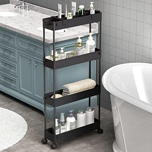 SPACELEAD Slim Storage Cart 4 Tier,Bathroom Organizer Rolling Utility,Mobile Shelving Unit Slide Out for Office, Kitchen, Laundry Room & Narrow Places,Black by Home