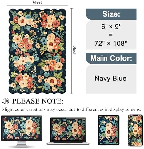 DUKINO 6x9 Area Rugs, Floral Washable Living Room Rug Non Slip, Navy Blue - Image 2