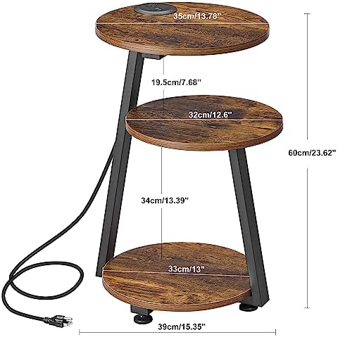 BEWISHOME Round End Table with Charging Station, Rustic Brown - Image 3