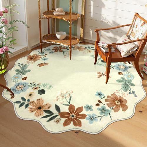 Lahome Floral Washable Round Area Rug, Round Rug 5ft Soft Non-Slip by Lahome