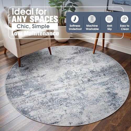 Aelenmu Round Rug 5ft Washable Rug for Dining Room Living Room Blue Grey - Image 3