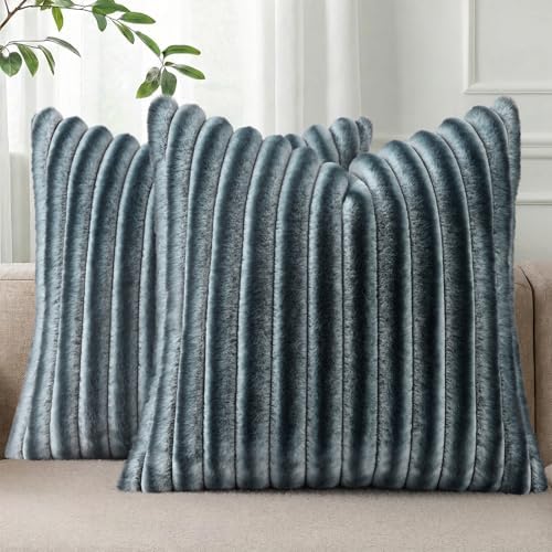 Pallene Faux Fur Decorative Throw Pillow Covers 22x22 Set of 2, Ombre Blue by PALLENE