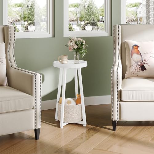 HOOBRO Small Round Side Table, 2-Tier Round Sofa End Table, Compact Nightstand with Cotton Linen Storage Basket, for Small Space, Living Room, Bedroom, Dorm, White WW183BZ01 - Image 4