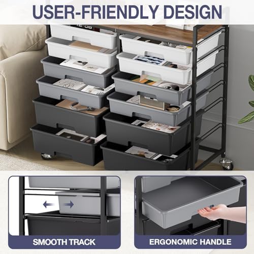 TOOLF 12 Drawers Rolling Storage Cart with Wooden Top for Classroom,Grey - Image 5