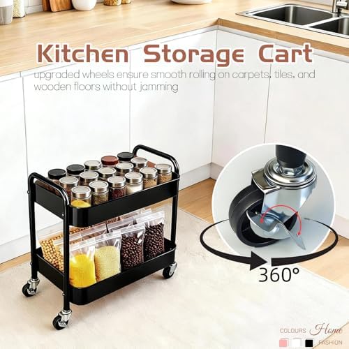 2 Tier Short Rolling Cart with Wheels for Under Desk Storage & Panrty Floor Organizer, Large Capacity Metal Kitchen Utility Cart, Sturdy Makeup Organizer for Small Space with 4 Hooks, Black - Image 5