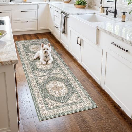 2x5 Washable Hallway Runner Rug - Non-Slip Vintage Throw Rugs Green Beige by Puino
