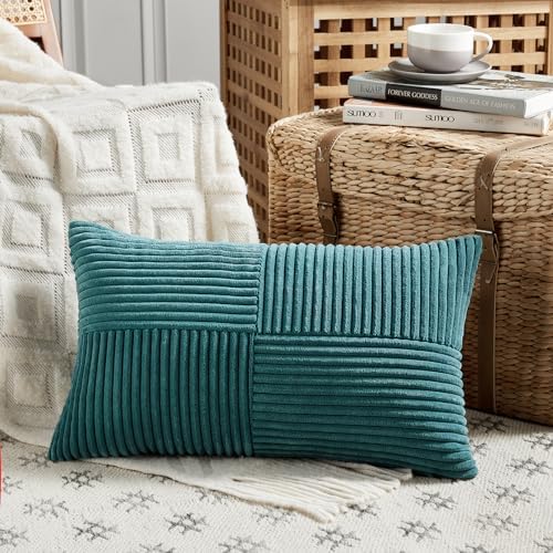 Fancy Homi 2 Packs Teal Lumbar Decorative Throw Pillow Covers 14x22 Inch for Living Room Couch Bed Sofa, Rustic Farmhouse Boho Home Decor, Soft Striped Corduroy Rectangle Accent Cushion Case 35x55 cm - Image 2
