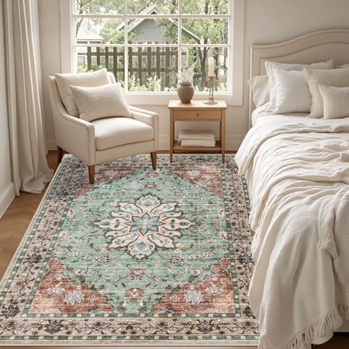 5x7 Area Rugs Living Room: Washable Rug for Bedroom Brown Green - Image 4