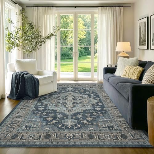 4x6 Ft Area Rugs for Living Room, Soft Non-Slip Machine Washable Rug, Vintage Stain Resistant Carpets for Bedroom Nursery Dining Room Home Decor (Blue) by Lo%CC%80utiRootHome