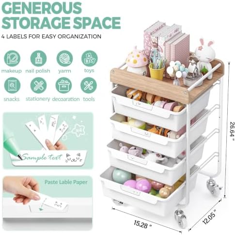 SYKIARIOL Rolling Craft Storage Cart with 4 Drawers,Kids Art Cart,White - Image 3