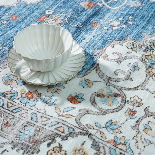 2x5 Runner Rug Washable Vintage: Non Slip Long Kitchen Runners Blue/Beige - Image 3