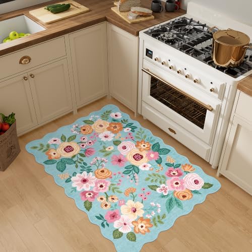 DUKINO 2x3 Rugs for Entryway, Floral Door Mat Washable Kitchen Rugs, Teal - Image 5