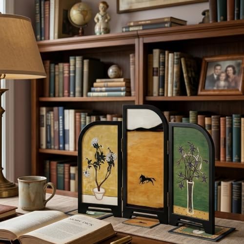 3-Panel Tabletop Folding Screen , Floral & Horse Print, Desk Partition - Image 3