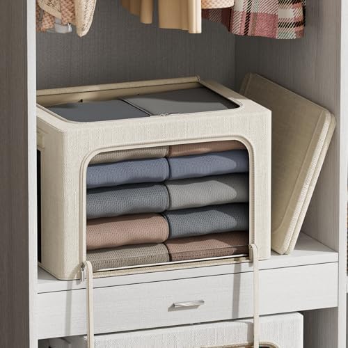 FHSQX 2 Pack Clothes Storage Bins with Metal Frame Beige, 15.7x11.8x9.8 Inch - Image 2