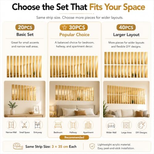 Acrylic Mirror Wall Stickers, Peel and Stick Mirror Strips for Wall Decor, Shatterproof Decorative Mirror Tiles for Entryway, Bedroom, Hallway & Small Space Decor (20, Gold) - Image 6