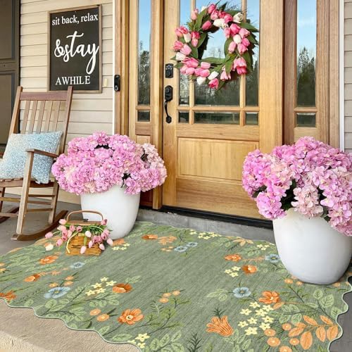 Sage Green Floral Entry Rug - 3x5 Ft Washable Indoor Outdoor Mats for Front Door Non-Slip Porch Rug Non-Slip Boho Throw Rugs for Living Room Bedroom Entryway Kitchen Office Porch Decor - Image 7