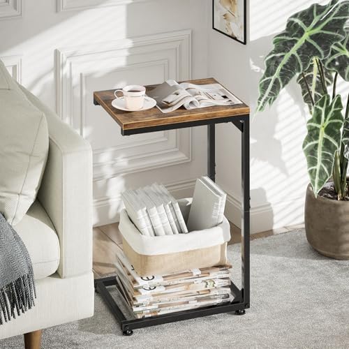 Simple Trending C Shaped End Table, TV Tray for Couch, Small Side Table with Metal Frame, for Living Room Bedroom, Rustic Brown - Image 2